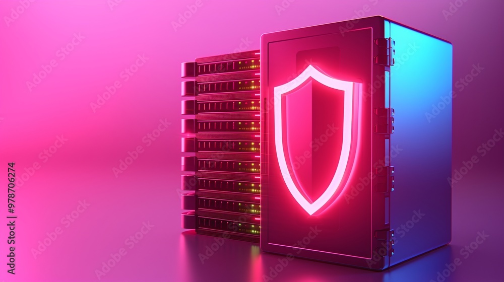 Poster a modern server setup with a glowing shield symbolizing cybersecurity and data protection in a vibra
