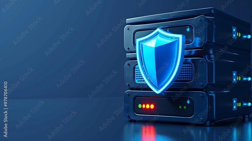 Poster a modern server stack with a glowing shield icon, symbolizing data security and protection in a tech