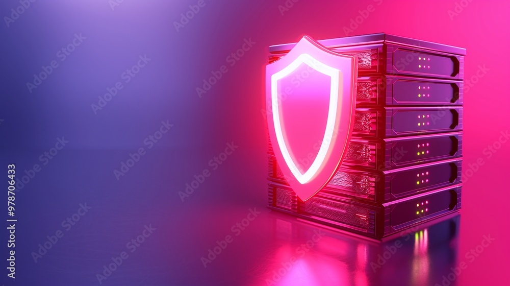 Poster a modern server stack with a glowing shield symbol, representing data protection and cybersecurity i