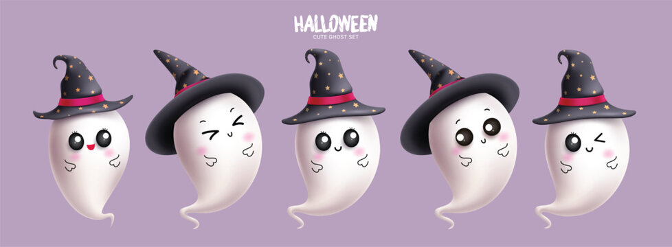 Halloween cute ghost set vector design. Cute ghost character wearing black witch hat elements with funny and cute facial expressios isolated in simple background. Vector illustration spooky ghost part