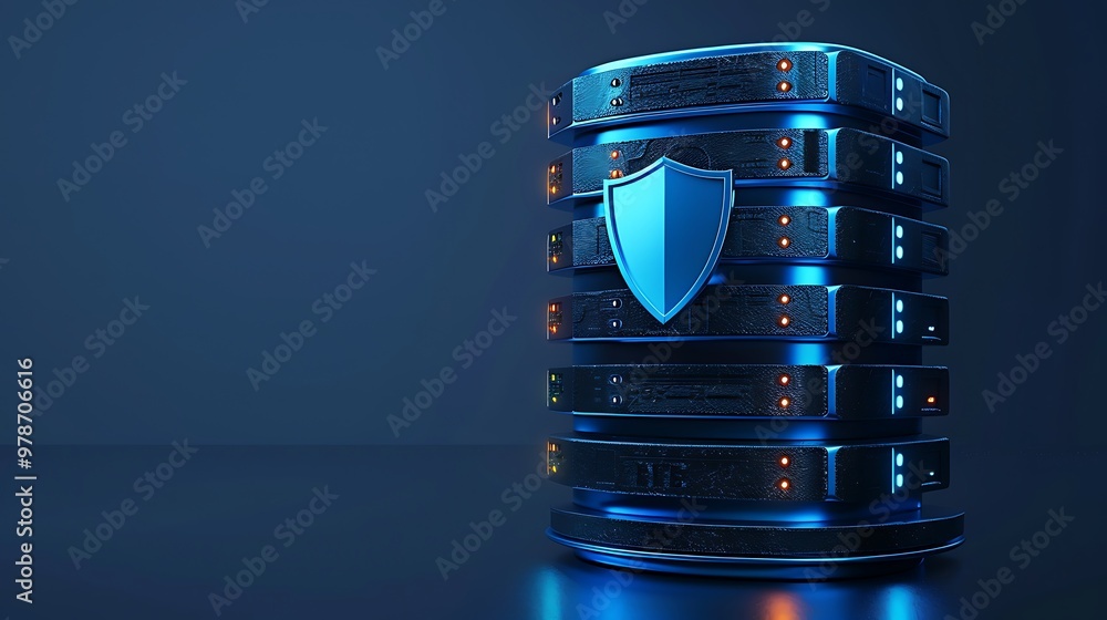 Aufkleber a modern server stack with a security shield, symbolizing data protection and cybersecurity in a dig