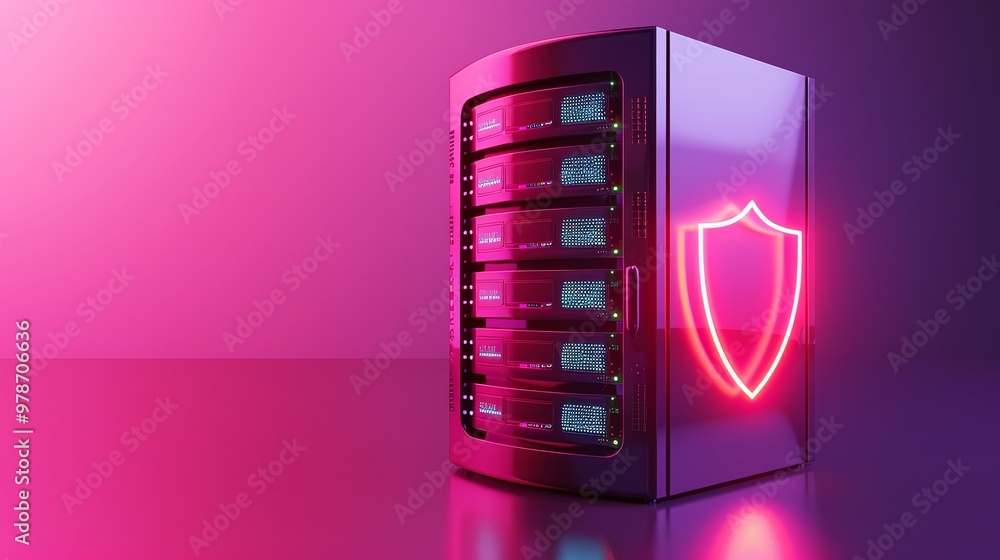 Poster a modern server tower featuring neon lights and a shield symbolizing data security and protection in