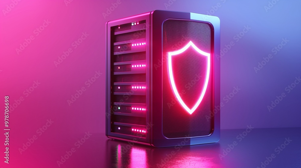 Aufkleber a modern server tower with neon lights and a shield symbol, representing cybersecurity and data prot