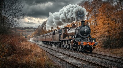 Vintage steam train travels through a scenic autumn landscape with dramatic clouds in the background, creating a nostalgic atmosphere.