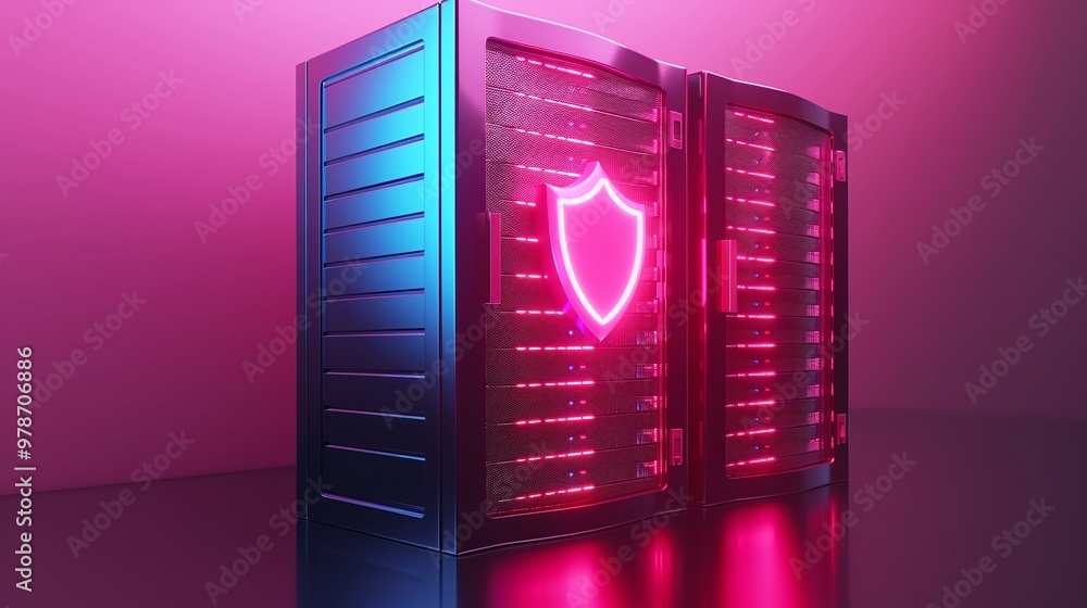 Poster a modern server unit with neon lights and a shield symbol, representing cybersecurity and data prote