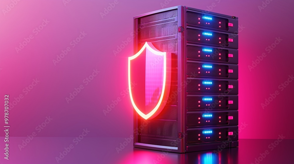 Poster a modern server with a glowing shield, symbolizing cybersecurity and data protection in a vibrant, f