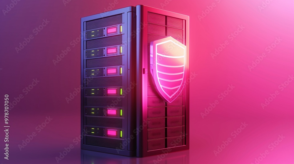 Aufkleber a modern server with a glowing shield, symbolizing data security and protection in a vibrant digital
