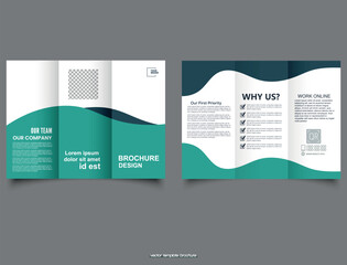 Green trifold brochure with waves. Cards, Landing, Website Design.