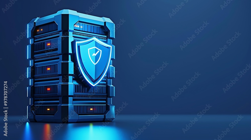 Poster a modern server with a glowing shield, symbolizing cybersecurity and data protection in a high-tech 