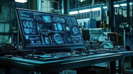 Obraz premium A high-tech workstation displaying complex data and controls in an industrial setting.