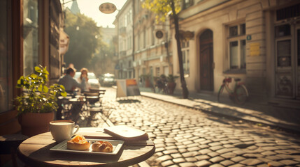 A table with a plate of food and a cup of coffee on it
