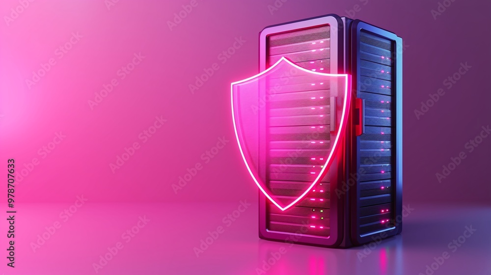Poster a modern server with a glowing shield symbol, representing data security and protection in a high-te