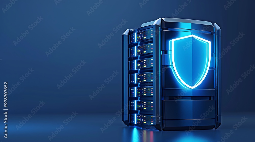 Poster a modern server with a glowing shield symbol, representing cybersecurity and data protection in a di