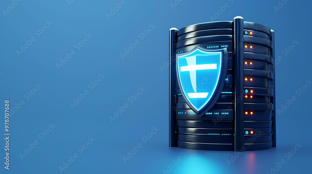 Poster a modern server with a glowing shield symbol, representing cybersecurity and data protection in a di
