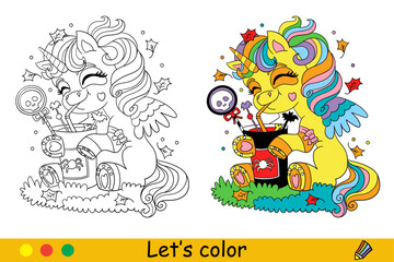Cute baby unicorn Halloween concept vector coloring illustration