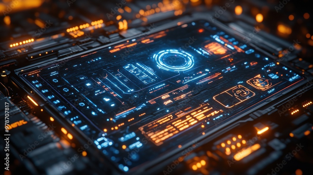Poster futuristic interface with glowing elements on a circuit board.