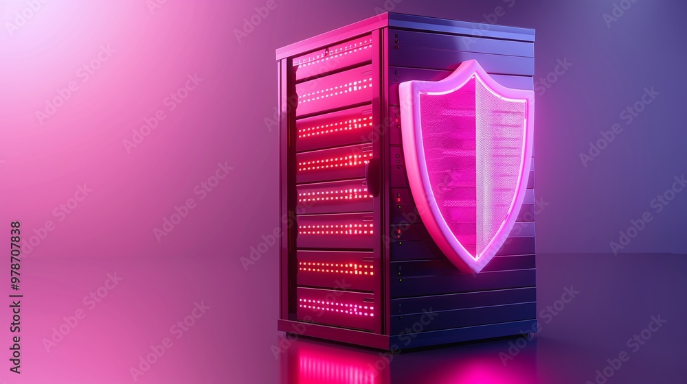 Aufkleber a modern server with a neon shield design, symbolizing data protection and cybersecurity in a vibran