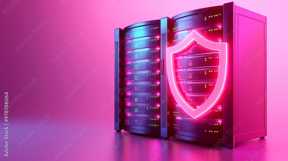 Poster a modern server with a neon shield symbol, representing data protection and cybersecurity in a vibra