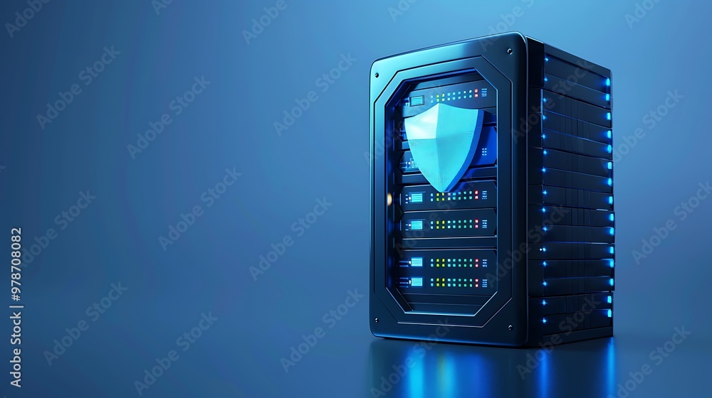 Aufkleber a modern server with a protective shield design, illuminated by blue lights, symbolizing security an