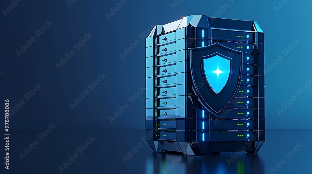 Poster a modern server with a protective shield, symbolizing data security and technology advancements in a