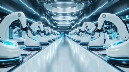 A futuristic industrial setting with robotic arms arranged in a high-tech facility.