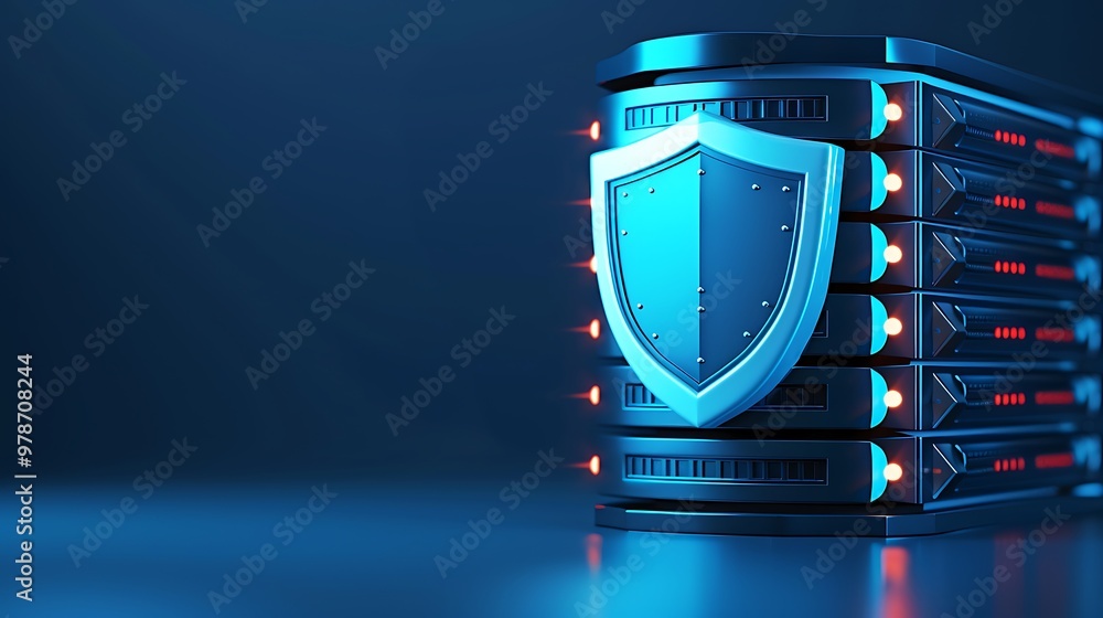 Poster a modern server with a security shield, symbolizing data protection and cybersecurity in a digital e