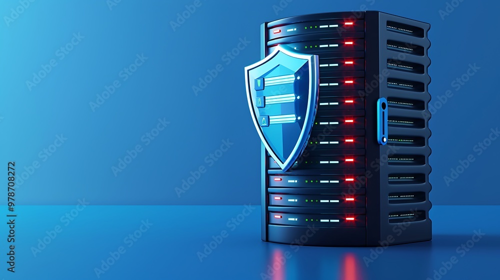 Poster a modern server with a security shield, showcasing technology and data protection in a sleek blue en