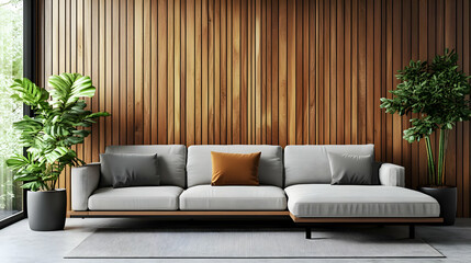 Modern Sectional Sofa with Wooden Wall Background 3D Illustration