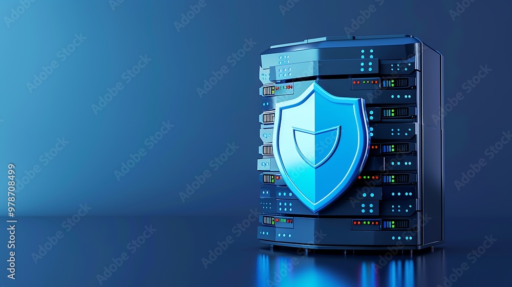 Poster a modern server with a shield symbol representing data security and protection in a digital environm