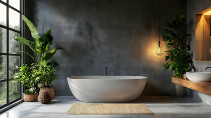 Modern Bathroom Interior with Bathtub, Plants and Window - 3D Illustration