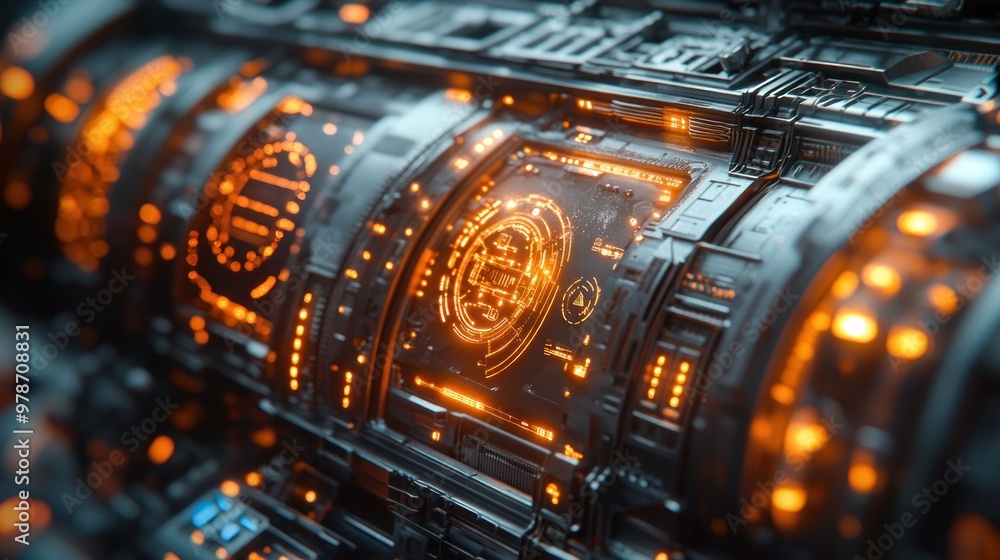 Poster futuristic control panel with glowing elements and digital displays.