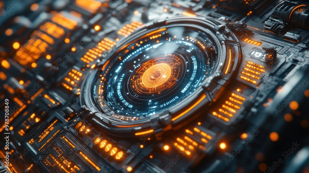 Poster Futuristic digital interface with glowing elements and circuits.