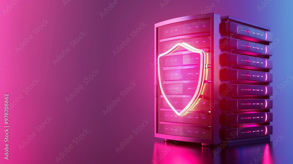 Poster a modern server with neon lighting, highlighting data security and protection concepts in a digital 