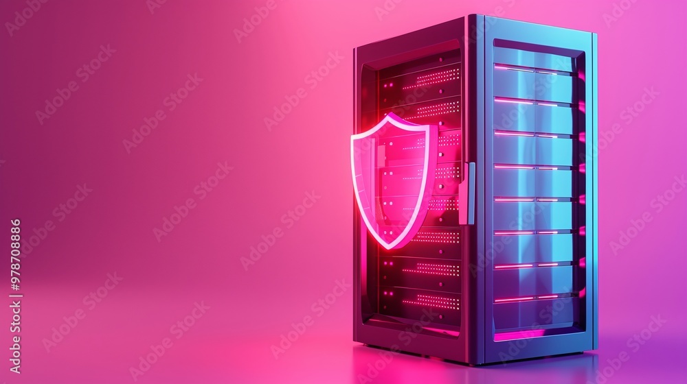 Poster a modern server with neon lights and a shield symbol, representing cybersecurity and data protection