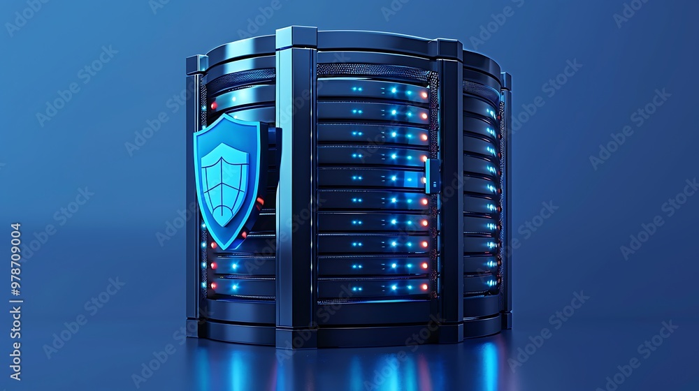 Poster a modern server with security shield, showcasing advanced technology for data protection and network