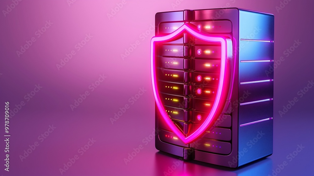 Poster a modern server with neon shield design symbolizing digital security and protection in a vibrant, te
