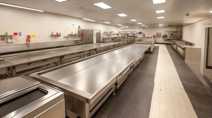 Fototapeta premium A clean, sterile kitchen space with stainless steel surfaces and equipment for food preparation.