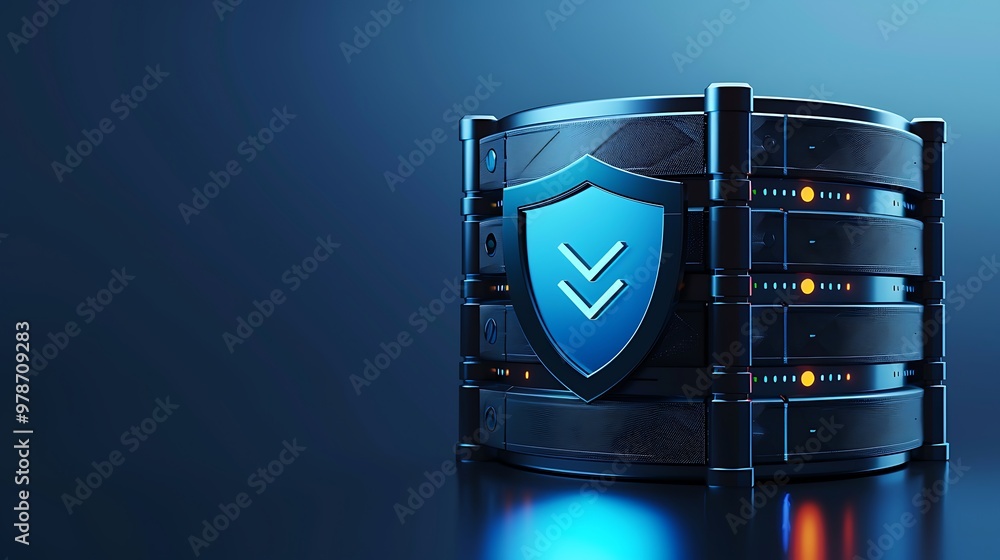 Poster a secure data server featuring a shield icon, symbolizing data protection and cybersecurity in a mod