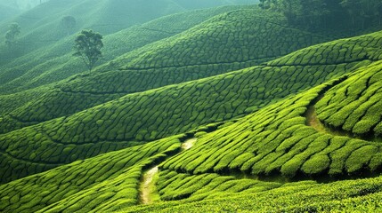 Obraz premium Lush green tea plantation hills with winding paths under a serene sky.