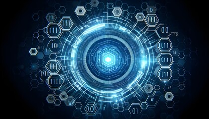 Obraz premium Creative blue hexagonal background with binary code. Technology, design and landing page concept. 3D Rendering.