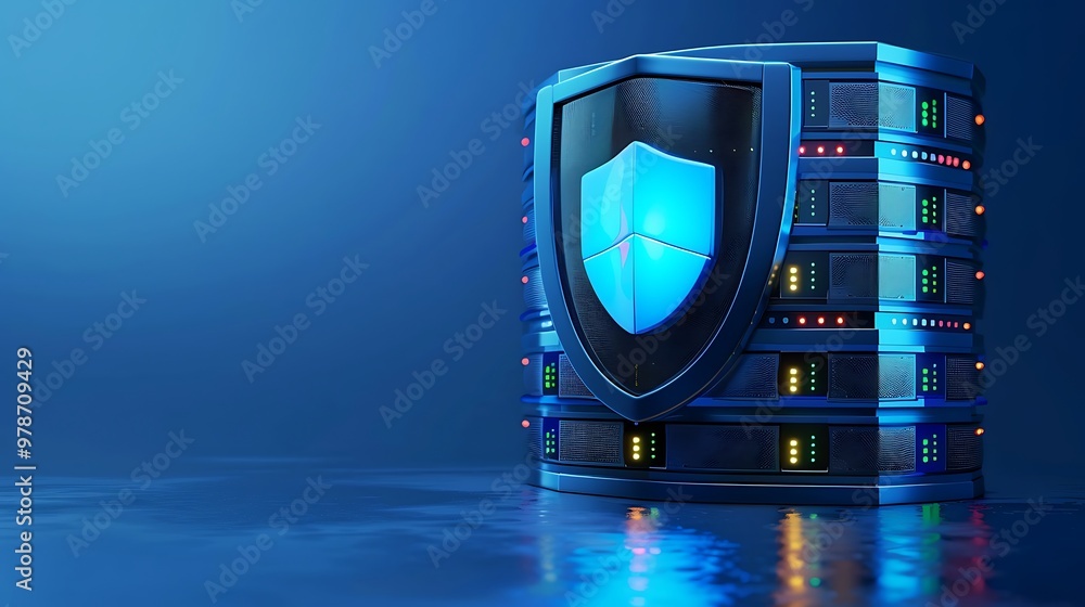 Aufkleber a secure data server with a blue shield, symbolizing protection and cybersecurity in a modern digita