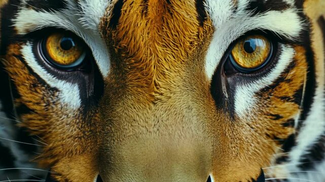 Close-up view of a tiger's striking eyes and intricate fur patterns in its natural habitat