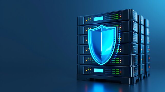 A secure data server with a glowing shield symbolizing cybersecurity and data protection in a modern digital environment.