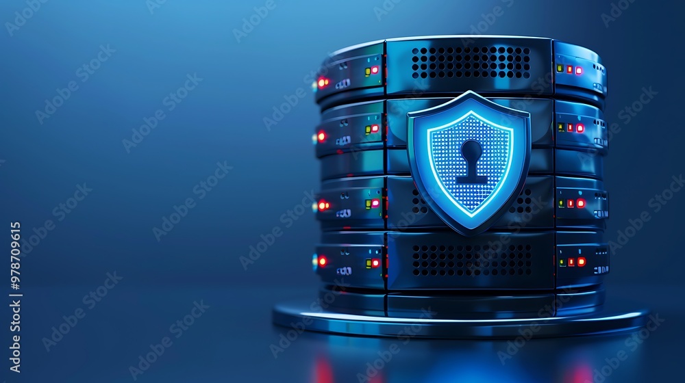 Poster a secure data server with a shield symbol, representing advanced cybersecurity and data protection i
