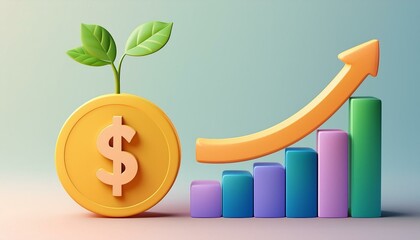 Illustration of a dollar coin with a plant and a rising graph symbolizing financial growth and investment potential.