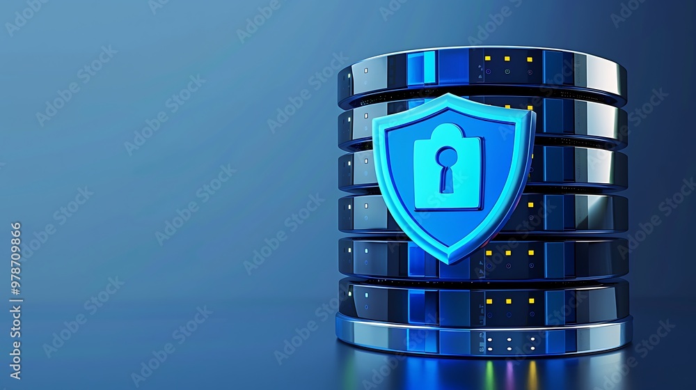 Poster a secure database visual with a shield icon representing data protection and cybersecurity in a futu