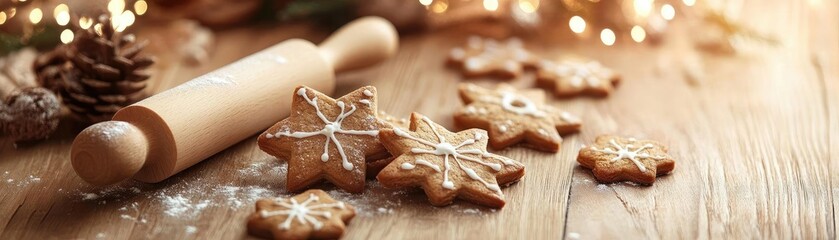 A cozy holiday scene with freshly baked star-shaped cookies, a rolling pin, and festive decorations on a wooden table.