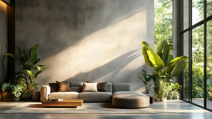 Modern Living Room with Grey Sofa, Large Windows, and Green Plants - 3D Illustration