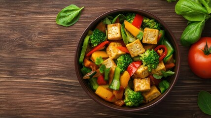 Top view of organic tofu stirfry with colorful veggies in a vibrant bowl, steam rising, warm tones, plantbased cuisine