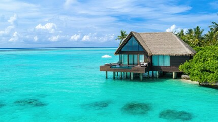 An overwater villa with a thatched roof, surrounded by turquoise waters in the Maldives.